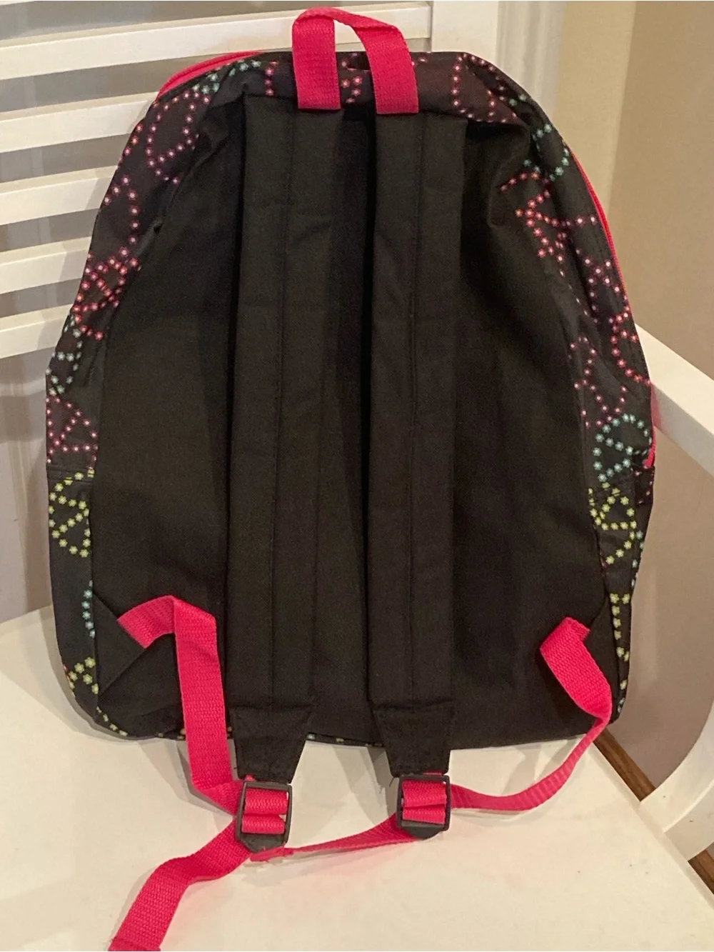 Black Peace Sign Floral Print Backpack with Pink Accents